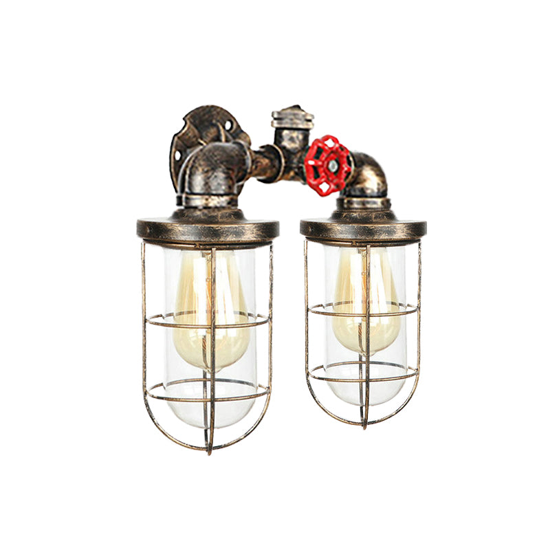 Farmhouse Wire Guard Wall Lamp with Valve Wheel 2 Bulbs Wrought Iron Sconce Lighting in Brass Clearhalo 'Art deco wall lights' 'Cast Iron' 'Glass' 'Industrial wall lights' 'Industrial' 'Middle century wall lights' 'Modern' 'Rustic wall lights' 'Tiffany' 'Traditional wall lights' 'Wall Lamps & Sconces' 'Wall Lights' Lighting' 768517