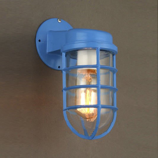 1 Bulb Metal Caged Wall Mounted Light Fixture Coastal Red/Blue Clear Glass Lighting for Outdoor Blue Clearhalo 'Art deco wall lights' 'Cast Iron' 'Glass' 'Industrial wall lights' 'Industrial' 'Middle century wall lights' 'Modern' 'Rustic wall lights' 'Tiffany' 'Traditional wall lights' 'Wall Lamps & Sconces' 'Wall Lights' Lighting' 768529
