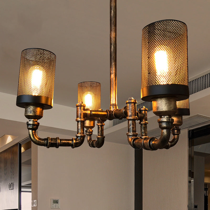 4 Bulbs Cylinder Chandelier Lamp with Mesh Screen Vintage Bronze Finish Iron Hanging Pendant Light Clearhalo 'Cast Iron' 'Ceiling Lights' 'Chandeliers' 'Industrial Chandeliers' 'Industrial' 'Metal' 'Middle Century Chandeliers' 'Rustic Chandeliers' 'Tiffany' Lighting' 768588