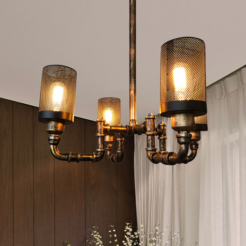 4 Bulbs Cylinder Chandelier Lamp with Mesh Screen Vintage Bronze Finish Iron Hanging Pendant Light Clearhalo 'Cast Iron' 'Ceiling Lights' 'Chandeliers' 'Industrial Chandeliers' 'Industrial' 'Metal' 'Middle Century Chandeliers' 'Rustic Chandeliers' 'Tiffany' Lighting' 768589