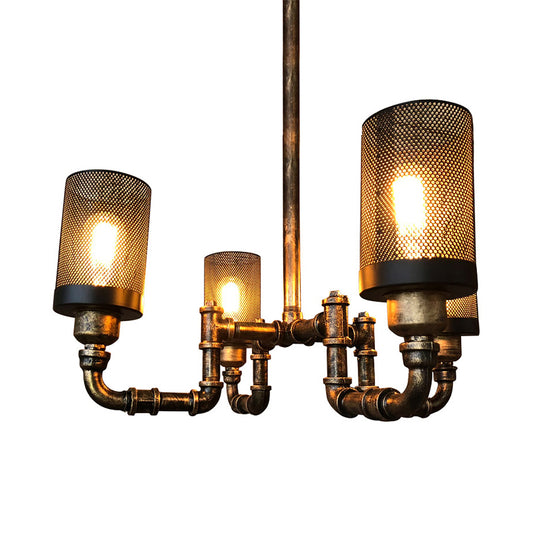 4 Bulbs Cylinder Chandelier Lamp with Mesh Screen Vintage Bronze Finish Iron Hanging Pendant Light Clearhalo 'Cast Iron' 'Ceiling Lights' 'Chandeliers' 'Industrial Chandeliers' 'Industrial' 'Metal' 'Middle Century Chandeliers' 'Rustic Chandeliers' 'Tiffany' Lighting' 768590