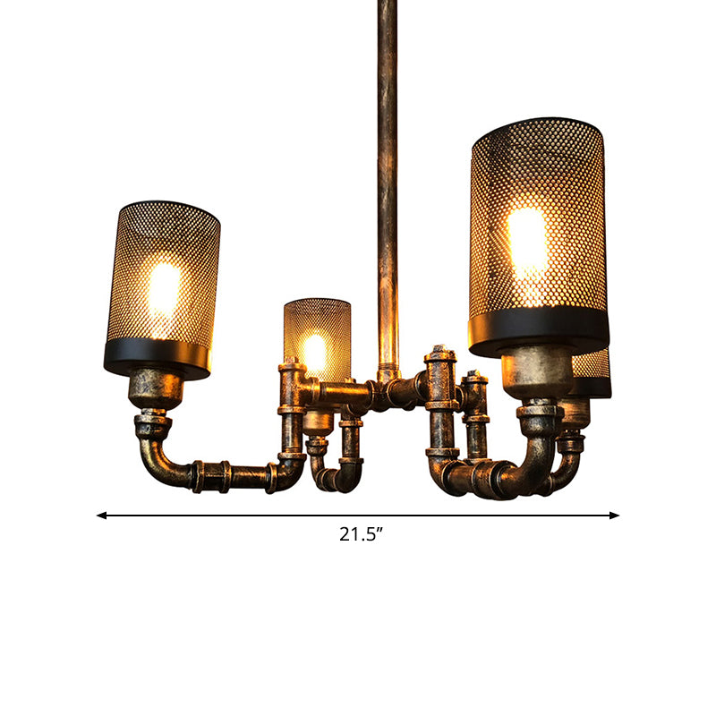 4 Bulbs Cylinder Chandelier Lamp with Mesh Screen Vintage Bronze Finish Iron Hanging Pendant Light Clearhalo 'Cast Iron' 'Ceiling Lights' 'Chandeliers' 'Industrial Chandeliers' 'Industrial' 'Metal' 'Middle Century Chandeliers' 'Rustic Chandeliers' 'Tiffany' Lighting' 768591