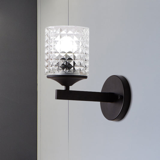 Cylinder Clear Textured Glass Wall Mounted Modern Single Bulb Bedroom Sconce Light in Black/Silver Black Clearhalo 'Cast Iron' 'Glass' 'Industrial' 'Modern wall lights' 'Modern' 'Tiffany' 'Traditional wall lights' 'Wall Lamps & Sconces' 'Wall Lights' Lighting' 768602