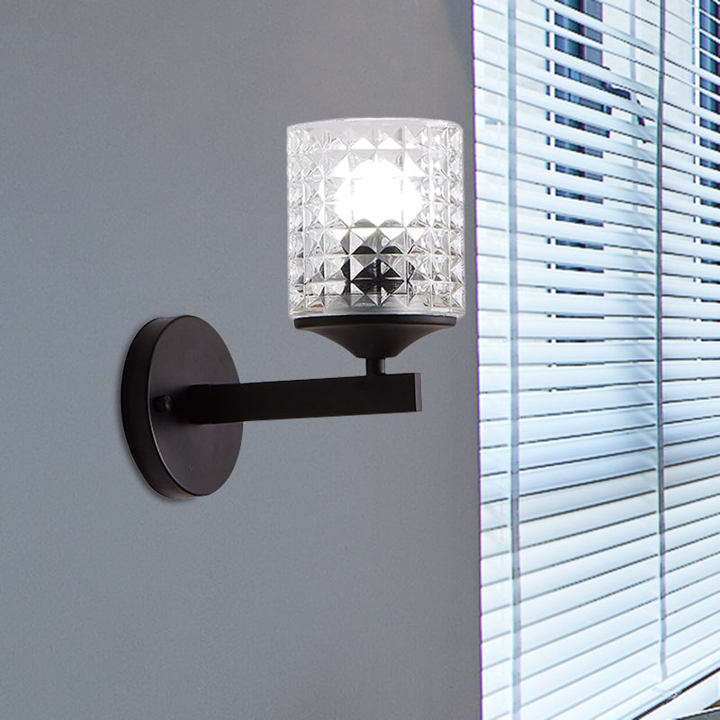 Cylinder Clear Textured Glass Wall Mounted Modern Single Bulb Bedroom Sconce Light in Black/Silver Clearhalo 'Cast Iron' 'Glass' 'Industrial' 'Modern wall lights' 'Modern' 'Tiffany' 'Traditional wall lights' 'Wall Lamps & Sconces' 'Wall Lights' Lighting' 768604