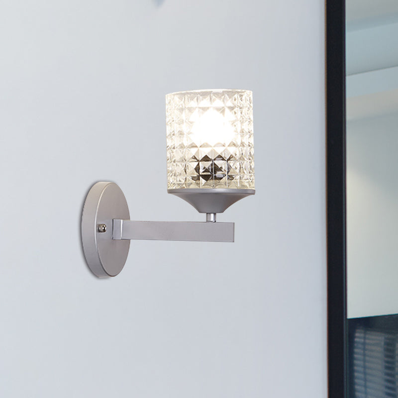 Cylinder Clear Textured Glass Wall Mounted Modern Single Bulb Bedroom Sconce Light in Black/Silver Clearhalo 'Cast Iron' 'Glass' 'Industrial' 'Modern wall lights' 'Modern' 'Tiffany' 'Traditional wall lights' 'Wall Lamps & Sconces' 'Wall Lights' Lighting' 768608