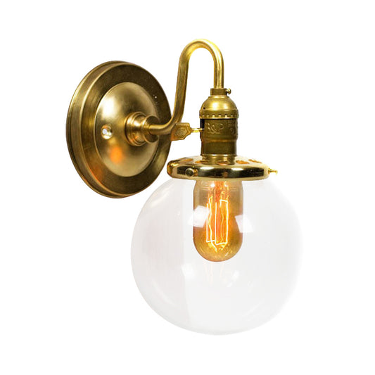 Brass Round Wall Lighting Industrial Clear Glass 1 Light Dining Room Sconce Light Fixture Clearhalo 'Cast Iron' 'Glass' 'Industrial' 'Modern wall lights' 'Modern' 'Tiffany' 'Traditional wall lights' 'Wall Lamps & Sconces' 'Wall Lights' Lighting' 768614