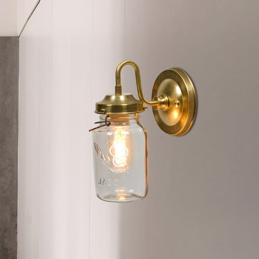 Clear Glass Jar Shade Wall Sconce Industrial 1 Light Corridor Lighting Fixture in Brass with Letter Clearhalo 'Cast Iron' 'Glass' 'Industrial' 'Modern wall lights' 'Modern' 'Tiffany' 'Traditional wall lights' 'Wall Lamps & Sconces' 'Wall Lights' Lighting' 768617