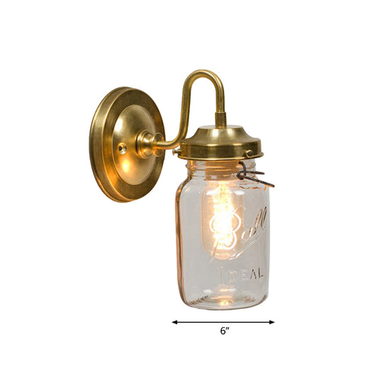 Clear Glass Jar Shade Wall Sconce Industrial 1 Light Corridor Lighting Fixture in Brass with Letter Clearhalo 'Cast Iron' 'Glass' 'Industrial' 'Modern wall lights' 'Modern' 'Tiffany' 'Traditional wall lights' 'Wall Lamps & Sconces' 'Wall Lights' Lighting' 768620
