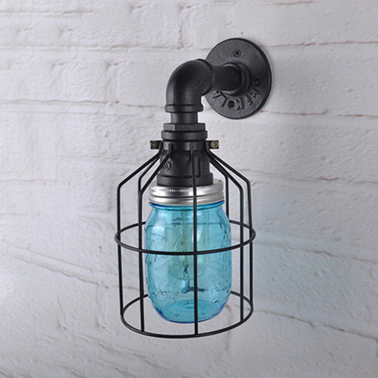 Blue/Clear Jar Shade Wall Lamp with Wire Cage Industrial Style Glass 1 Bulb Restaurant Sconce Light Blue Clearhalo 'Art deco wall lights' 'Cast Iron' 'Glass' 'Industrial wall lights' 'Industrial' 'Middle century wall lights' 'Modern' 'Rustic wall lights' 'Tiffany' 'Traditional wall lights' 'Wall Lamps & Sconces' 'Wall Lights' Lighting' 768626