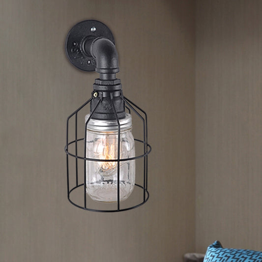 Blue/Clear Jar Shade Wall Lamp with Wire Cage Industrial Style Glass 1 Bulb Restaurant Sconce Light Clear Clearhalo 'Art deco wall lights' 'Cast Iron' 'Glass' 'Industrial wall lights' 'Industrial' 'Middle century wall lights' 'Modern' 'Rustic wall lights' 'Tiffany' 'Traditional wall lights' 'Wall Lamps & Sconces' 'Wall Lights' Lighting' 768631