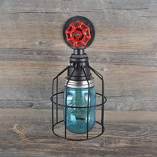Vintage Caged Wall Light with Inner Jar Shade and Red Valve 1 Light Glass Sconce Lighting in Blue/Clear Blue Clearhalo 'Art deco wall lights' 'Cast Iron' 'Glass' 'Industrial wall lights' 'Industrial' 'Middle century wall lights' 'Modern' 'Rustic wall lights' 'Tiffany' 'Traditional wall lights' 'Wall Lamps & Sconces' 'Wall Lights' Lighting' 768635