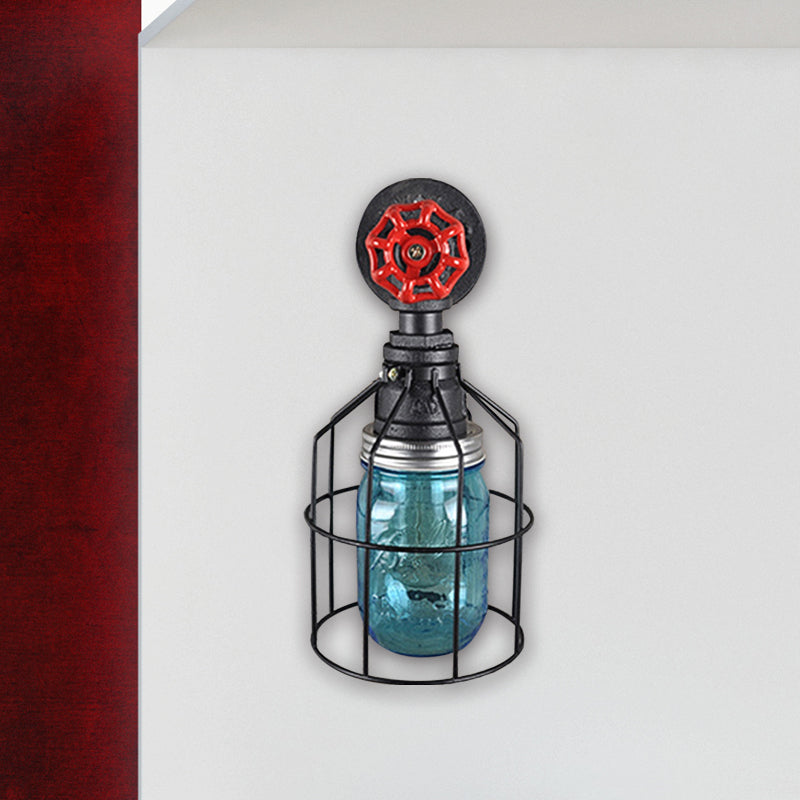 Vintage Caged Wall Light with Inner Jar Shade and Red Valve 1 Light Glass Sconce Lighting in Blue/Clear Clearhalo 'Art deco wall lights' 'Cast Iron' 'Glass' 'Industrial wall lights' 'Industrial' 'Middle century wall lights' 'Modern' 'Rustic wall lights' 'Tiffany' 'Traditional wall lights' 'Wall Lamps & Sconces' 'Wall Lights' Lighting' 768636