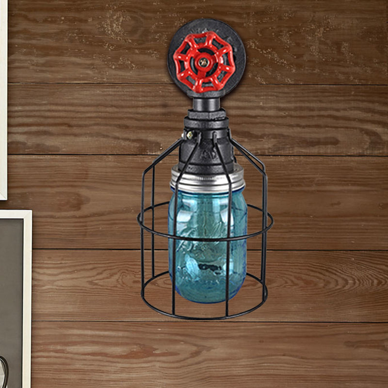 Vintage Caged Wall Light with Inner Jar Shade and Red Valve 1 Light Glass Sconce Lighting in Blue/Clear Clearhalo 'Art deco wall lights' 'Cast Iron' 'Glass' 'Industrial wall lights' 'Industrial' 'Middle century wall lights' 'Modern' 'Rustic wall lights' 'Tiffany' 'Traditional wall lights' 'Wall Lamps & Sconces' 'Wall Lights' Lighting' 768637