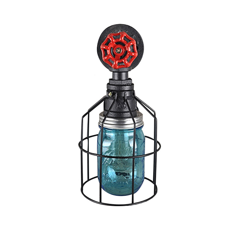 Vintage Caged Wall Light with Inner Jar Shade and Red Valve 1 Light Glass Sconce Lighting in Blue/Clear Clearhalo 'Art deco wall lights' 'Cast Iron' 'Glass' 'Industrial wall lights' 'Industrial' 'Middle century wall lights' 'Modern' 'Rustic wall lights' 'Tiffany' 'Traditional wall lights' 'Wall Lamps & Sconces' 'Wall Lights' Lighting' 768638