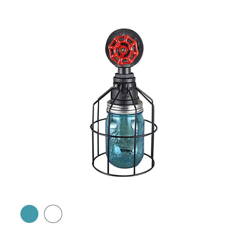 Vintage Caged Wall Light with Inner Jar Shade and Red Valve 1 Light Glass Sconce Lighting in Blue/Clear Clearhalo 'Art deco wall lights' 'Cast Iron' 'Glass' 'Industrial wall lights' 'Industrial' 'Middle century wall lights' 'Modern' 'Rustic wall lights' 'Tiffany' 'Traditional wall lights' 'Wall Lamps & Sconces' 'Wall Lights' Lighting' 768639