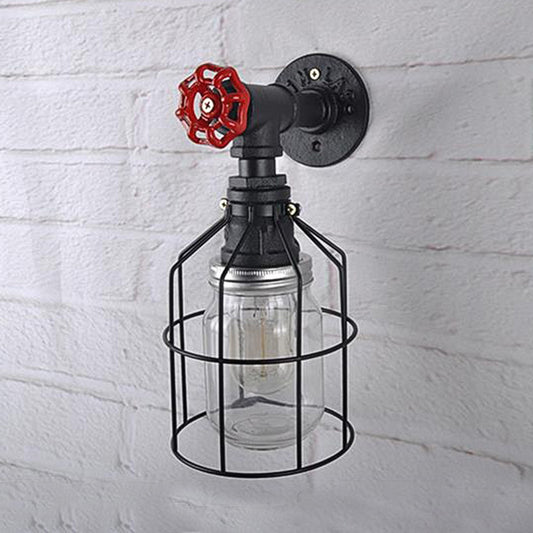 Vintage Caged Wall Light with Inner Jar Shade and Red Valve 1 Light Glass Sconce Lighting in Blue/Clear Clear Clearhalo 'Art deco wall lights' 'Cast Iron' 'Glass' 'Industrial wall lights' 'Industrial' 'Middle century wall lights' 'Modern' 'Rustic wall lights' 'Tiffany' 'Traditional wall lights' 'Wall Lamps & Sconces' 'Wall Lights' Lighting' 768640