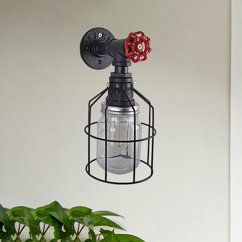 Vintage Caged Wall Light with Inner Jar Shade and Red Valve 1 Light Glass Sconce Lighting in Blue/Clear Clearhalo 'Art deco wall lights' 'Cast Iron' 'Glass' 'Industrial wall lights' 'Industrial' 'Middle century wall lights' 'Modern' 'Rustic wall lights' 'Tiffany' 'Traditional wall lights' 'Wall Lamps & Sconces' 'Wall Lights' Lighting' 768641