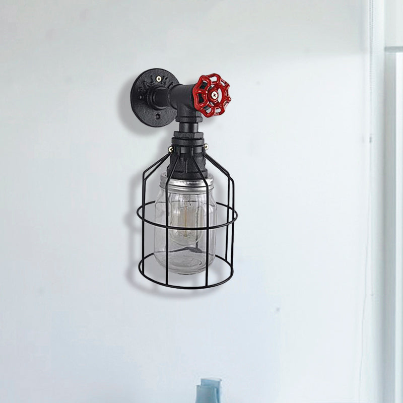 Vintage Caged Wall Light with Inner Jar Shade and Red Valve 1 Light Glass Sconce Lighting in Blue/Clear Clearhalo 'Art deco wall lights' 'Cast Iron' 'Glass' 'Industrial wall lights' 'Industrial' 'Middle century wall lights' 'Modern' 'Rustic wall lights' 'Tiffany' 'Traditional wall lights' 'Wall Lamps & Sconces' 'Wall Lights' Lighting' 768642