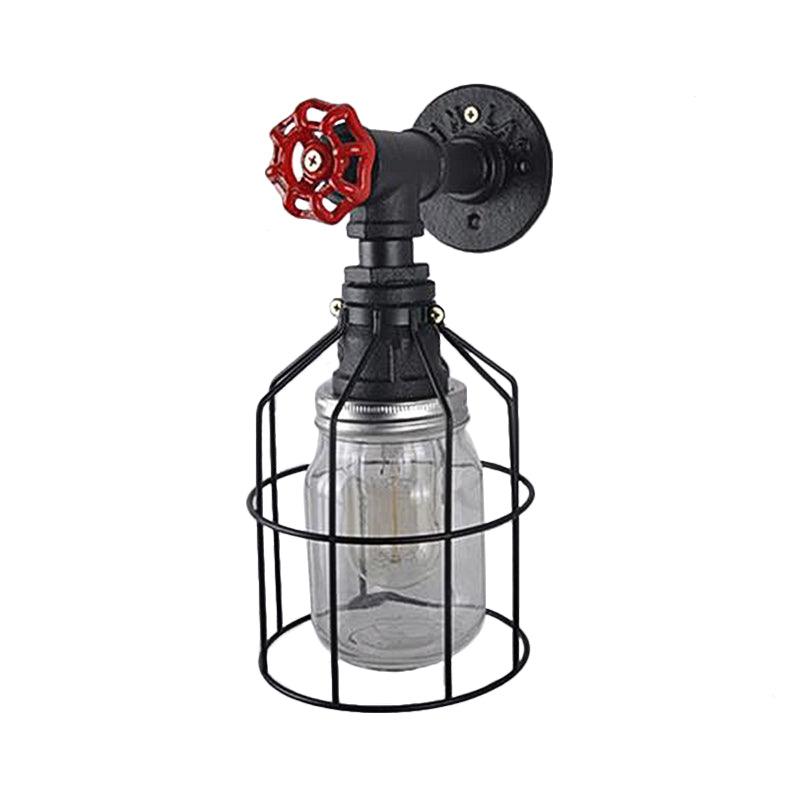Vintage Caged Wall Light with Inner Jar Shade and Red Valve 1 Light Glass Sconce Lighting in Blue/Clear Clearhalo 'Art deco wall lights' 'Cast Iron' 'Glass' 'Industrial wall lights' 'Industrial' 'Middle century wall lights' 'Modern' 'Rustic wall lights' 'Tiffany' 'Traditional wall lights' 'Wall Lamps & Sconces' 'Wall Lights' Lighting' 768643