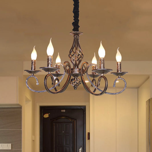 Vintage Stylish Candle Chandelier Lamp 6 Bulbs Wrought Iron Hanging Lighting with Curved Arm in Bronze Clearhalo 'Cast Iron' 'Ceiling Lights' 'Chandeliers' 'Industrial Chandeliers' 'Industrial' 'Metal' 'Middle Century Chandeliers' 'Rustic Chandeliers' 'Tiffany' Lighting' 768675