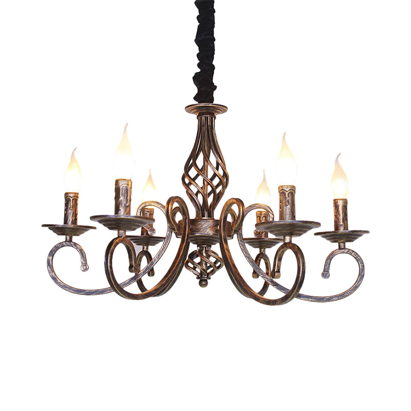 Vintage Stylish Candle Chandelier Lamp 6 Bulbs Wrought Iron Hanging Lighting with Curved Arm in Bronze Clearhalo 'Cast Iron' 'Ceiling Lights' 'Chandeliers' 'Industrial Chandeliers' 'Industrial' 'Metal' 'Middle Century Chandeliers' 'Rustic Chandeliers' 'Tiffany' Lighting' 768676