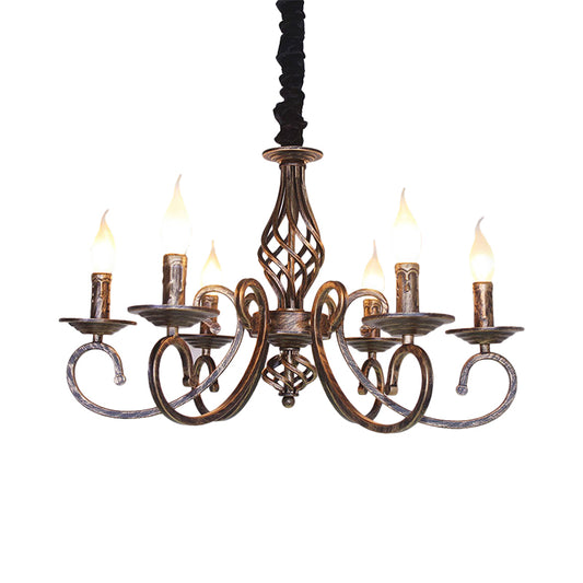 Vintage Stylish Candle Chandelier Lamp 6 Bulbs Wrought Iron Hanging Lighting with Curved Arm in Bronze Clearhalo 'Cast Iron' 'Ceiling Lights' 'Chandeliers' 'Industrial Chandeliers' 'Industrial' 'Metal' 'Middle Century Chandeliers' 'Rustic Chandeliers' 'Tiffany' Lighting' 768676