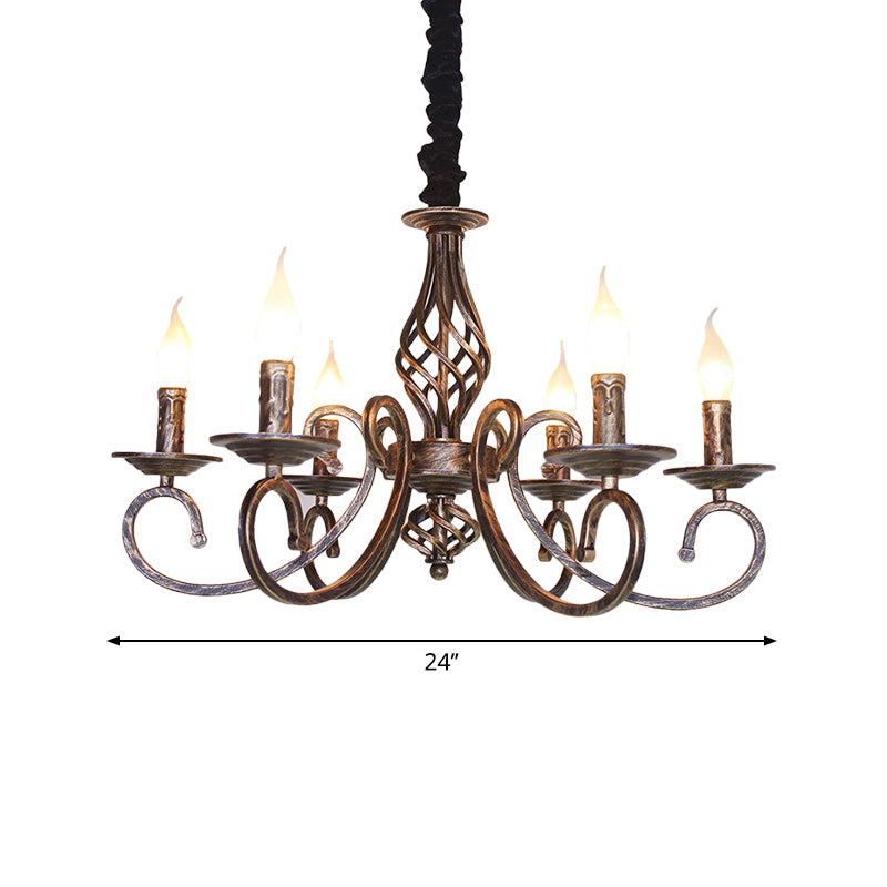 Vintage Stylish Candle Chandelier Lamp 6 Bulbs Wrought Iron Hanging Lighting with Curved Arm in Bronze Clearhalo 'Cast Iron' 'Ceiling Lights' 'Chandeliers' 'Industrial Chandeliers' 'Industrial' 'Metal' 'Middle Century Chandeliers' 'Rustic Chandeliers' 'Tiffany' Lighting' 768677