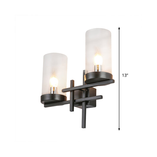 Black 2-Light Sconce Light Vintage Clear Glass Cylinder Lighting Fixture for Corridor Clearhalo 'Cast Iron' 'Glass' 'Industrial' 'Modern wall lights' 'Modern' 'Tiffany' 'Traditional wall lights' 'Wall Lamps & Sconces' 'Wall Lights' Lighting' 768682