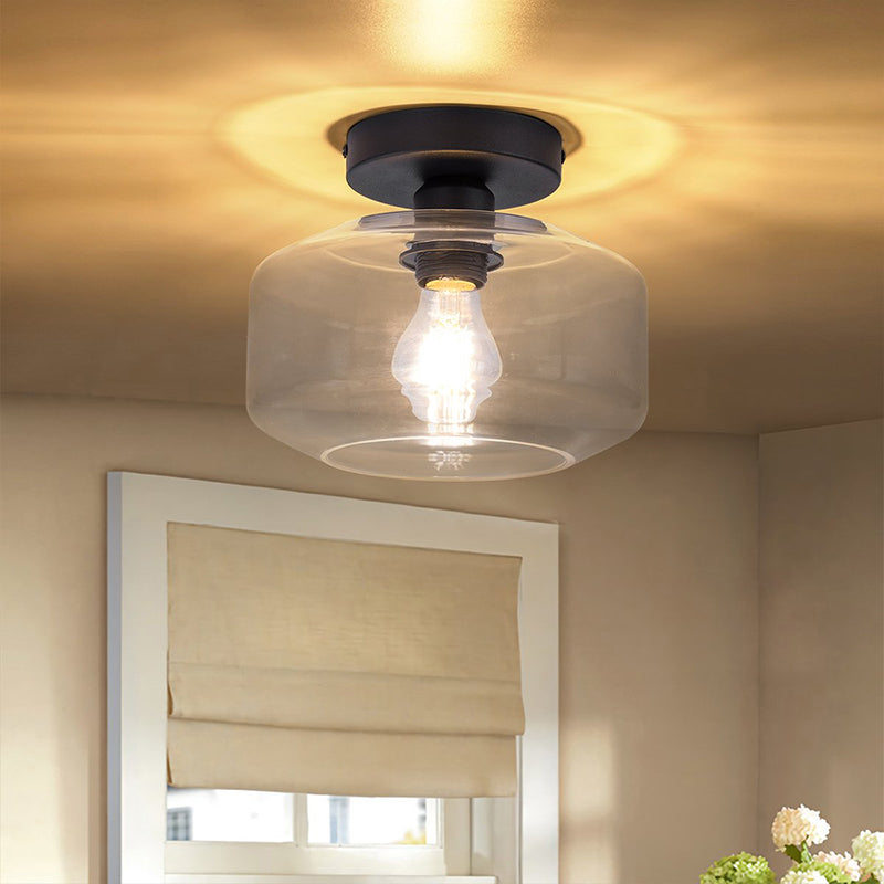 1 Light Drum Shade Semi Flush Light Industrial Black Clear/Amber Glass Ceiling Mount for Foyer Clear Clearhalo 'Ceiling Lights' 'Close To Ceiling Lights' 'Close to ceiling' 'Flush mount' 'Industrial Flush Mount' Lighting' 768714