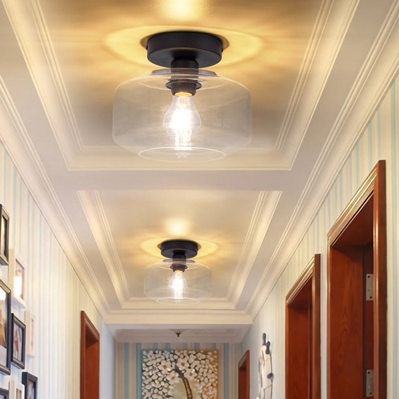 1 Light Drum Shade Semi Flush Light Industrial Black Clear/Amber Glass Ceiling Mount for Foyer Clearhalo 'Ceiling Lights' 'Close To Ceiling Lights' 'Close to ceiling' 'Flush mount' 'Industrial Flush Mount' Lighting' 768715