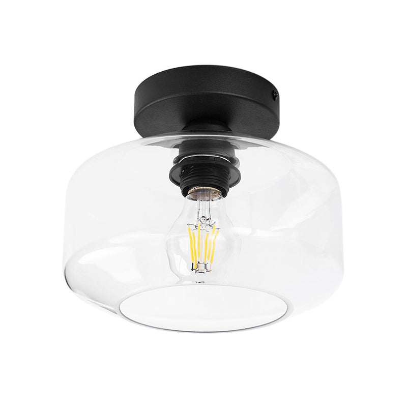 1 Light Drum Shade Semi Flush Light Industrial Black Clear/Amber Glass Ceiling Mount for Foyer Clearhalo 'Ceiling Lights' 'Close To Ceiling Lights' 'Close to ceiling' 'Flush mount' 'Industrial Flush Mount' Lighting' 768717