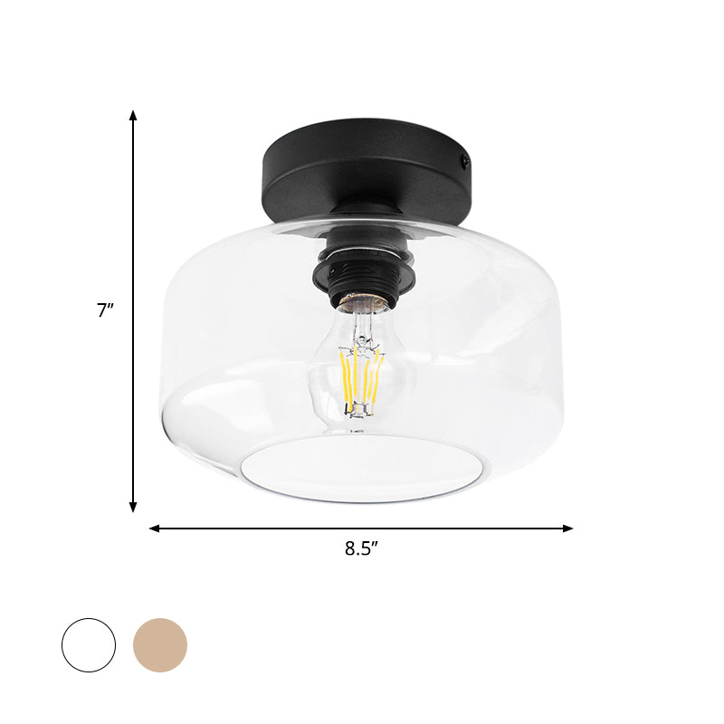 1 Light Drum Shade Semi Flush Light Industrial Black Clear/Amber Glass Ceiling Mount for Foyer Clearhalo 'Ceiling Lights' 'Close To Ceiling Lights' 'Close to ceiling' 'Flush mount' 'Industrial Flush Mount' Lighting' 768718