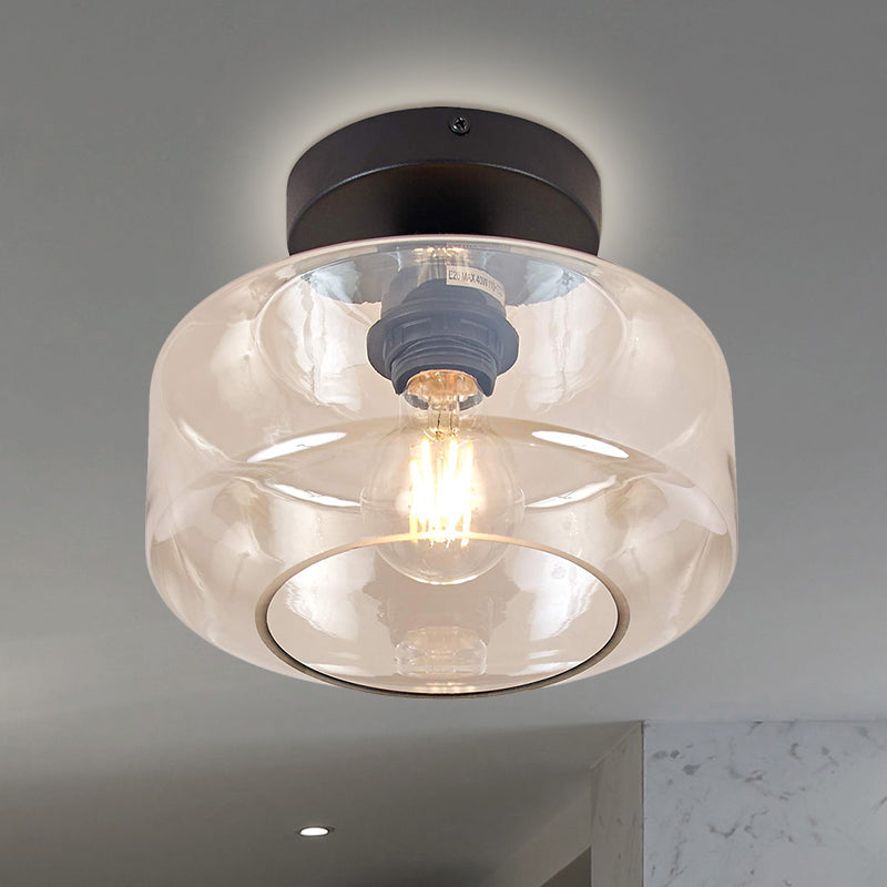 1 Light Drum Shade Semi Flush Light Industrial Black Clear/Amber Glass Ceiling Mount for Foyer Amber Clearhalo 'Ceiling Lights' 'Close To Ceiling Lights' 'Close to ceiling' 'Flush mount' 'Industrial Flush Mount' Lighting' 768719