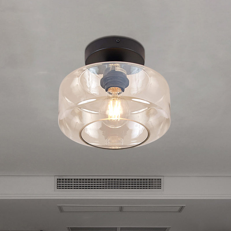 1 Light Drum Shade Semi Flush Light Industrial Black Clear/Amber Glass Ceiling Mount for Foyer Clearhalo 'Ceiling Lights' 'Close To Ceiling Lights' 'Close to ceiling' 'Flush mount' 'Industrial Flush Mount' Lighting' 768720