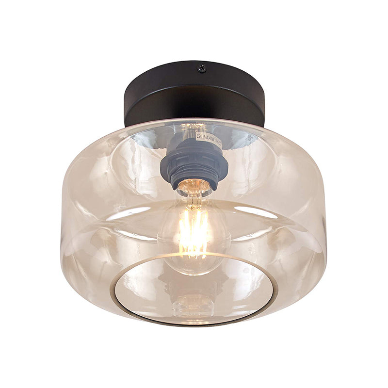 1 Light Drum Shade Semi Flush Light Industrial Black Clear/Amber Glass Ceiling Mount for Foyer Clearhalo 'Ceiling Lights' 'Close To Ceiling Lights' 'Close to ceiling' 'Flush mount' 'Industrial Flush Mount' Lighting' 768722