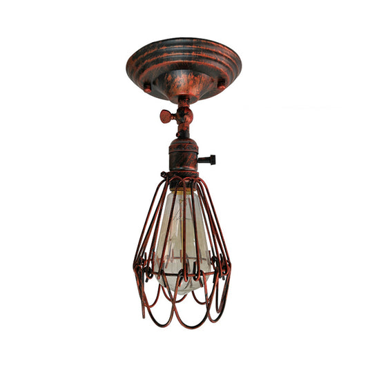 Wrought Iron Caged Semi Flush Light Farmhouse Stylish 1 Light Bedroom Ceiling Light Fixture in Rust/Aged Silver Clearhalo 'Ceiling Lights' 'Close To Ceiling Lights' 'Close to ceiling' 'Semi-flushmount' Lighting' 768740