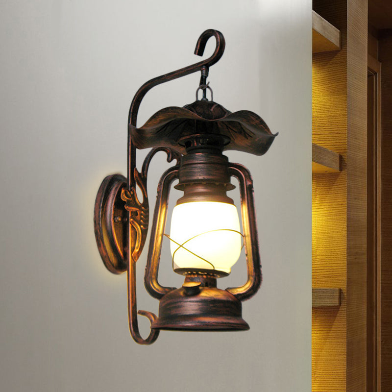 Opal Glass Antique Copper Sconce Light Kerosene 1-Light Industrial Wall Lamp Fixture Clearhalo 'Art deco wall lights' 'Cast Iron' 'Glass' 'Industrial wall lights' 'Industrial' 'Middle century wall lights' 'Modern' 'Rustic wall lights' 'Tiffany' 'Traditional wall lights' 'Wall Lamps & Sconces' 'Wall Lights' Lighting' 768767