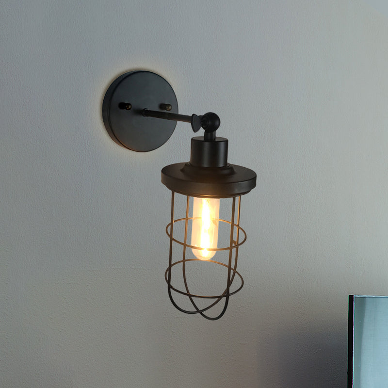 Retro Style Cylinder/Oval Caged Wall Mount Light 1 Head Metallic Mini Wall Lighting in Black for Bedside Clearhalo 'Art deco wall lights' 'Cast Iron' 'Glass' 'Industrial wall lights' 'Industrial' 'Middle century wall lights' 'Modern' 'Rustic wall lights' 'Tiffany' 'Traditional wall lights' 'Wall Lamps & Sconces' 'Wall Lights' Lighting' 768771