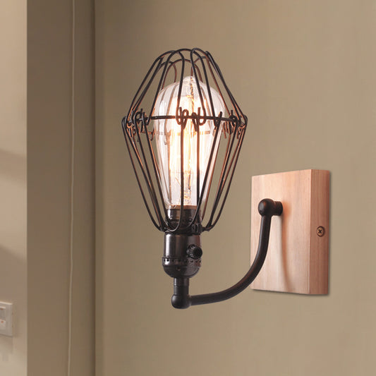 1 Bulb Wall Lighting Antique Style Caged Wrought Iron Wall Lamp with Wooden Backplate in Black Clearhalo 'Art deco wall lights' 'Cast Iron' 'Glass' 'Industrial wall lights' 'Industrial' 'Middle century wall lights' 'Modern' 'Rustic wall lights' 'Tiffany' 'Traditional wall lights' 'Wall Lamps & Sconces' 'Wall Lights' Lighting' 768795