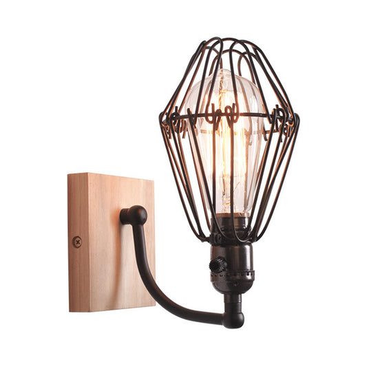 1 Bulb Wall Lighting Antique Style Caged Wrought Iron Wall Lamp with Wooden Backplate in Black Clearhalo 'Art deco wall lights' 'Cast Iron' 'Glass' 'Industrial wall lights' 'Industrial' 'Middle century wall lights' 'Modern' 'Rustic wall lights' 'Tiffany' 'Traditional wall lights' 'Wall Lamps & Sconces' 'Wall Lights' Lighting' 768797