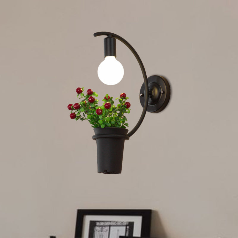 Exposed Bulb Metal Wall Sconce with Pot Decoration Lodge Style 1 Light Restaurant Wall Lighting in Black, 3"/4" W Clearhalo 'Art deco wall lights' 'Cast Iron' 'Glass' 'Industrial wall lights' 'Industrial' 'Middle century wall lights' 'Modern' 'Rustic wall lights' 'Tiffany' 'Traditional wall lights' 'Wall Lamps & Sconces' 'Wall Lights' Lighting' 768805