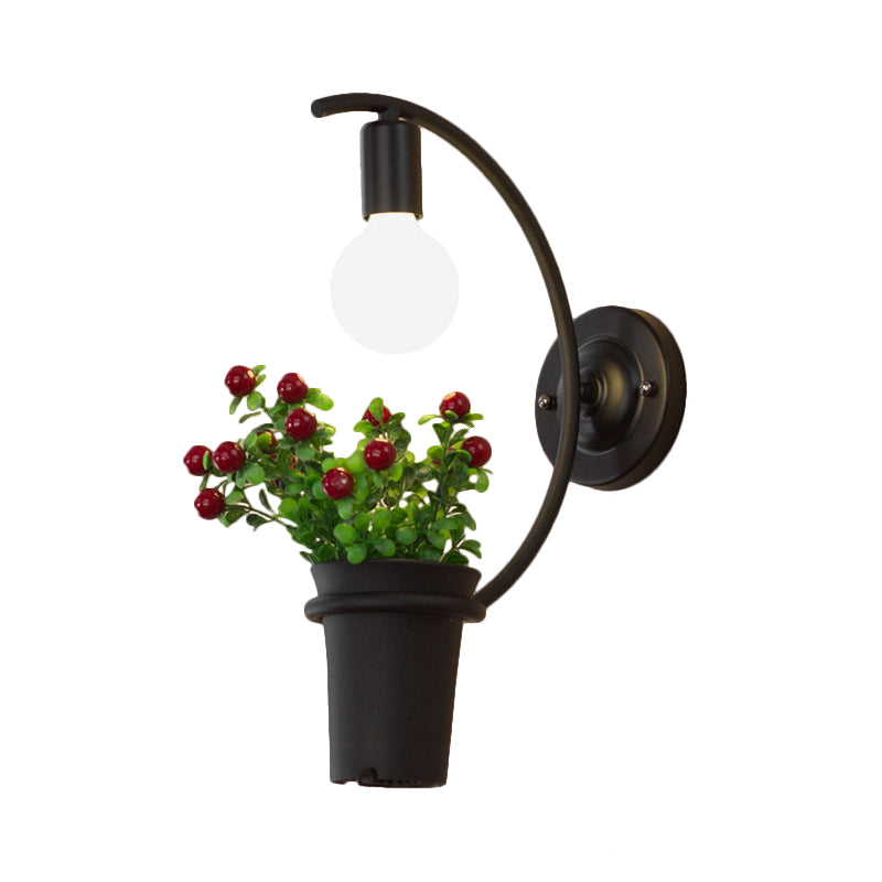 Exposed Bulb Metal Wall Sconce with Pot Decoration Lodge Style 1 Light Restaurant Wall Lighting in Black, 3"/4" W Clearhalo 'Art deco wall lights' 'Cast Iron' 'Glass' 'Industrial wall lights' 'Industrial' 'Middle century wall lights' 'Modern' 'Rustic wall lights' 'Tiffany' 'Traditional wall lights' 'Wall Lamps & Sconces' 'Wall Lights' Lighting' 768807