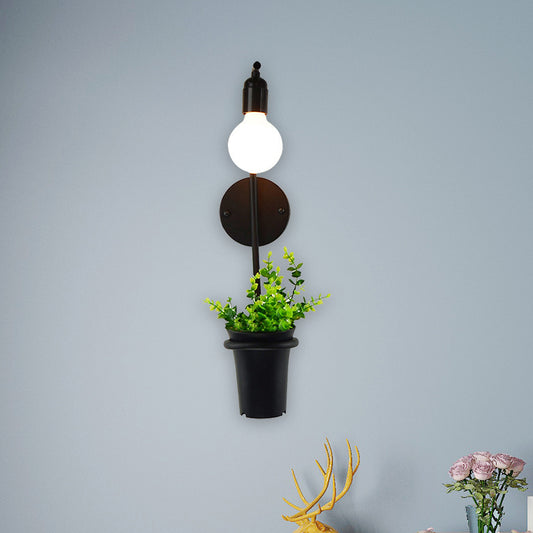 Exposed Bulb Metal Wall Sconce with Pot Decoration Lodge Style 1 Light Restaurant Wall Lighting in Black, 3"/4" W Clearhalo 'Art deco wall lights' 'Cast Iron' 'Glass' 'Industrial wall lights' 'Industrial' 'Middle century wall lights' 'Modern' 'Rustic wall lights' 'Tiffany' 'Traditional wall lights' 'Wall Lamps & Sconces' 'Wall Lights' Lighting' 768810