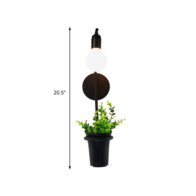 Exposed Bulb Metal Wall Sconce with Pot Decoration Lodge Style 1 Light Restaurant Wall Lighting in Black, 3"/4" W Clearhalo 'Art deco wall lights' 'Cast Iron' 'Glass' 'Industrial wall lights' 'Industrial' 'Middle century wall lights' 'Modern' 'Rustic wall lights' 'Tiffany' 'Traditional wall lights' 'Wall Lamps & Sconces' 'Wall Lights' Lighting' 768813