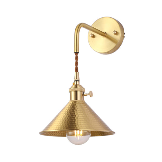 Hammered Cone Metal Wall Lamp Industrial 1 Head Living Room Sconce Light Fixture in Antique Brass/Brushed Brass Clearhalo 'Art deco wall lights' 'Cast Iron' 'Glass' 'Industrial wall lights' 'Industrial' 'Middle century wall lights' 'Modern' 'Rustic wall lights' 'Tiffany' 'Traditional wall lights' 'Wall Lamps & Sconces' 'Wall Lights' Lighting' 768884