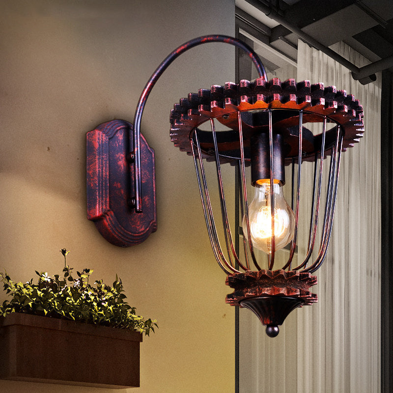 1 Head Wall Sconce Light Rustic Style Caged Wrought Iron Wall Mount Light with Gear Design in Weathered Copper Clearhalo 'Art deco wall lights' 'Cast Iron' 'Glass' 'Industrial wall lights' 'Industrial' 'Middle century wall lights' 'Modern' 'Rustic wall lights' 'Tiffany' 'Traditional wall lights' 'Wall Lamps & Sconces' 'Wall Lights' Lighting' 768897