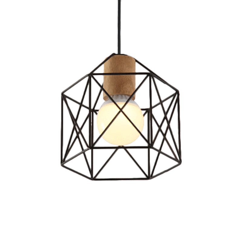 Retro Industrial Hexagon/Star Hanging Fixture 1 Head Metal and Wood Ceiling Lighting with Cage Shade in Black Clearhalo 'Art Deco Pendants' 'Black' 'Cast Iron' 'Ceiling Lights' 'Ceramic' 'Crystal' 'Industrial Pendants' 'Industrial' 'Metal' 'Middle Century Pendants' 'Pendant Lights' 'Pendants' 'Rustic Pendants' 'Tiffany' Lighting' 768913