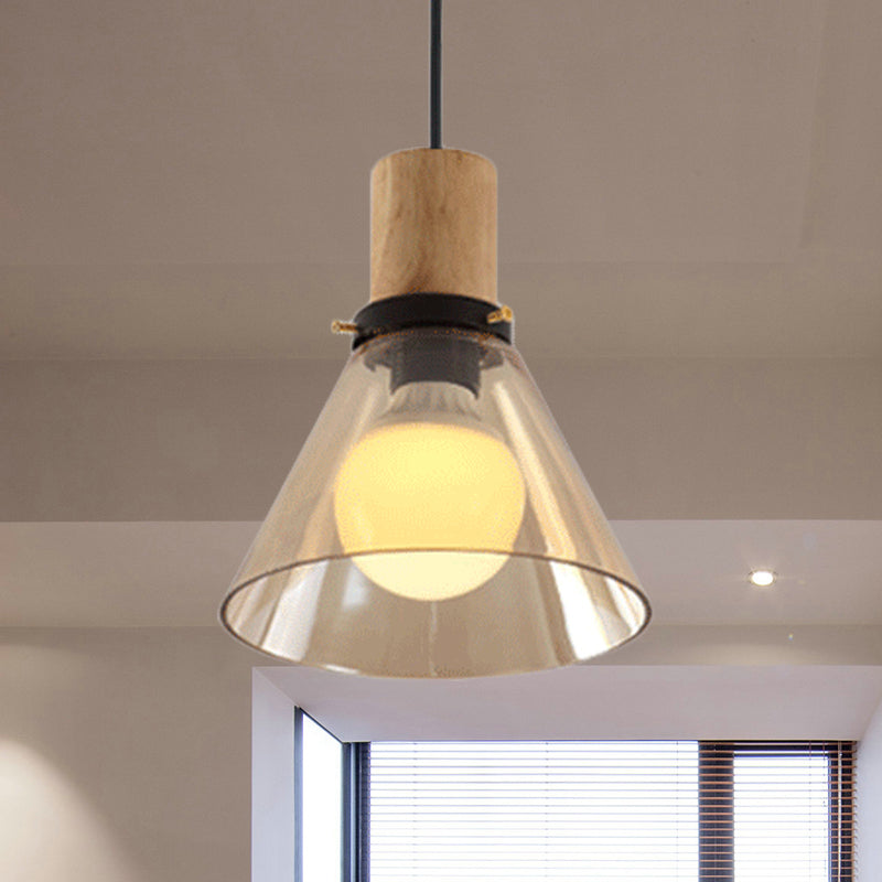 1 Light Pendant Lighting Modern Cone Amber Glass Hanging Ceiling Light with Wooden Cap Amber Clearhalo 'Ceiling Lights' 'Glass shade' 'Glass' 'Industrial Pendants' 'Industrial' 'Middle Century Pendants' 'Pendant Lights' 'Pendants' 'Tiffany' Lighting' 768920