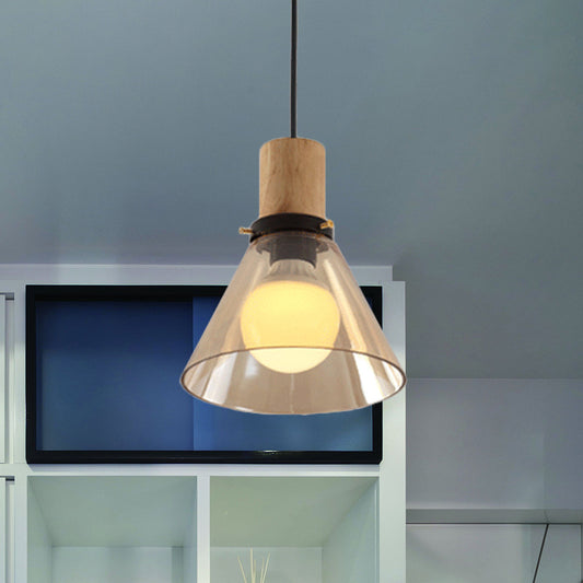1 Light Pendant Lighting Modern Cone Amber Glass Hanging Ceiling Light with Wooden Cap Clearhalo 'Ceiling Lights' 'Glass shade' 'Glass' 'Industrial Pendants' 'Industrial' 'Middle Century Pendants' 'Pendant Lights' 'Pendants' 'Tiffany' Lighting' 768921