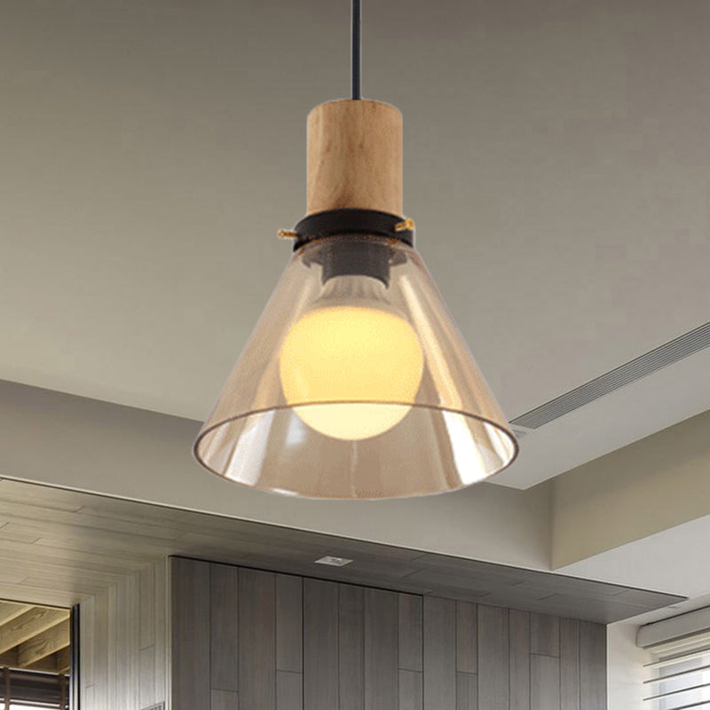 1 Light Pendant Lighting Modern Cone Amber Glass Hanging Ceiling Light with Wooden Cap Clearhalo 'Ceiling Lights' 'Glass shade' 'Glass' 'Industrial Pendants' 'Industrial' 'Middle Century Pendants' 'Pendant Lights' 'Pendants' 'Tiffany' Lighting' 768922
